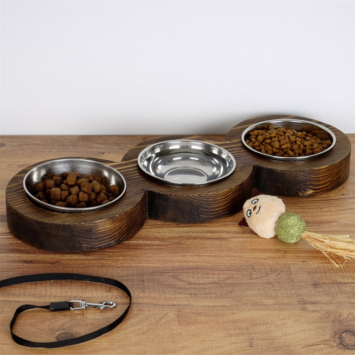 Hanah Home Comedero para Mascotas en Madera de Abeto Color Nogal Ancho 16.5 cm Alto 3.5 cm Profundo 48 cm